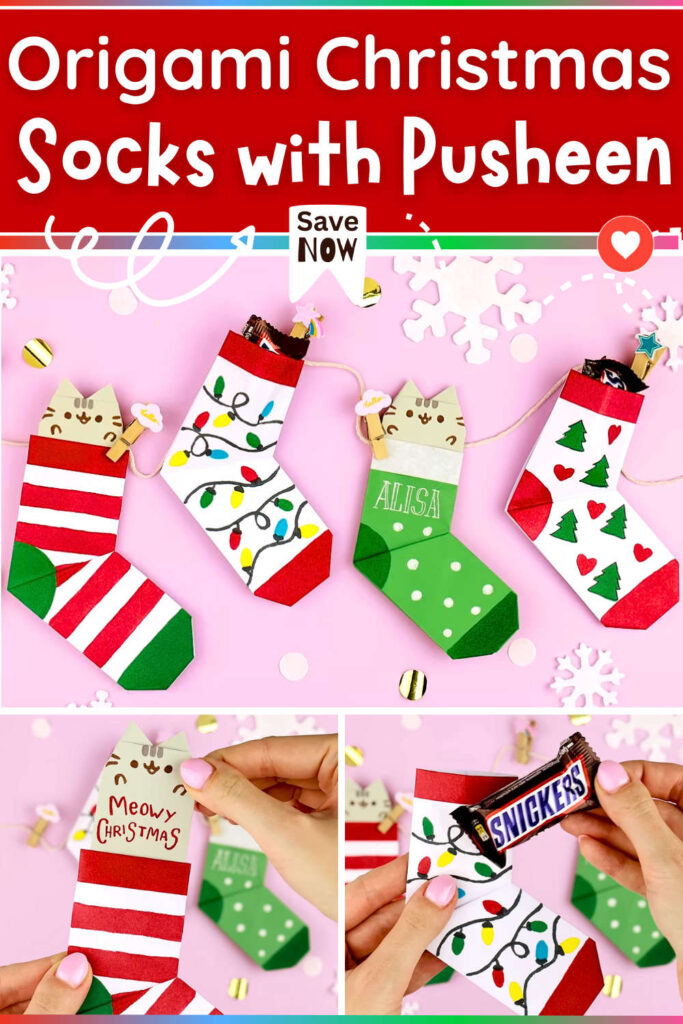 Origami Christmas Socks with Cat Pusheen