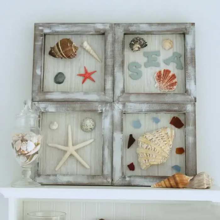 Beach themed shadowbox art with seashells
