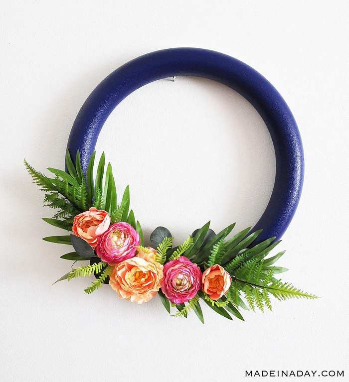 Navy and pink tropical flower wreath DIY