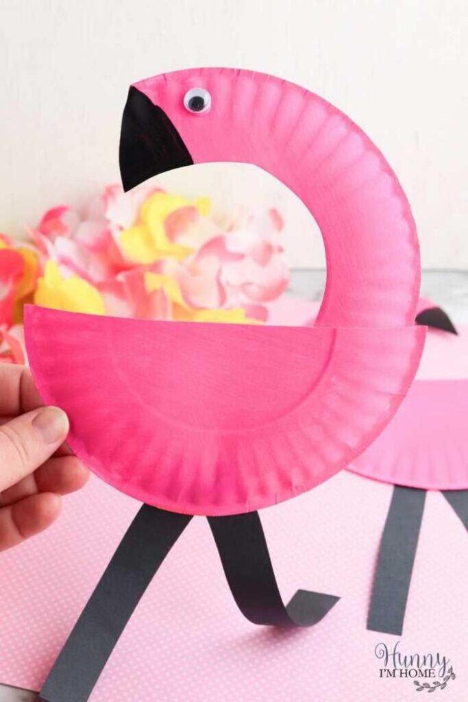 Pink paper plate flamingo craft for preschool kids
