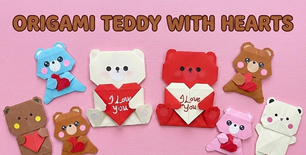 origami paper teddy with hearts
