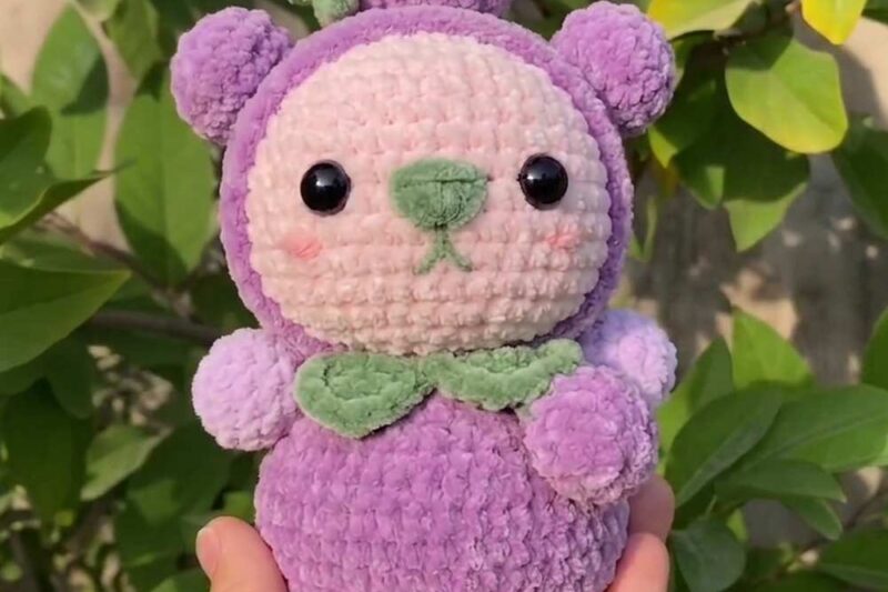 Free Crochet Eggplant Bear Plushie Pattern for Gifting to Girls