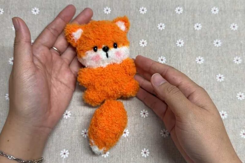 Free Crochet Fuzzy Yarn Fox Plushie Keychain Pattern for Kids
