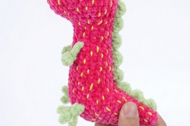 Free Crochet Strawberry Mr. Dinosaur Plushie Pattern for Summer