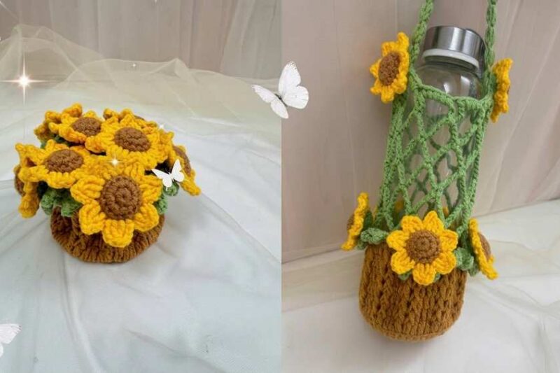 Free Crochet 2-in-1 Sunflower Bouquet Water Bottle Holder Pattern