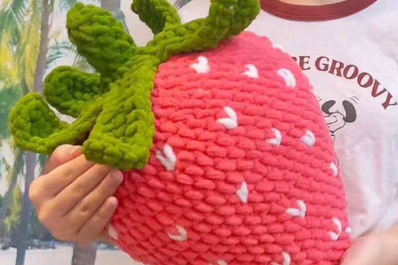 Free Crochet Pillow Strawberry Plushie Pattern for Summer