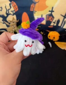 DIY Miniature Boo Ghost with a witch Hat Plushie Using Pipe Cleaners for Halloween
