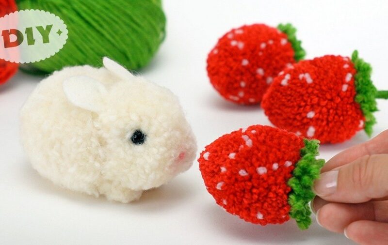 How to DIY No-Knit Yarn Strawberry with a Bunny Plush out of Pom Poms