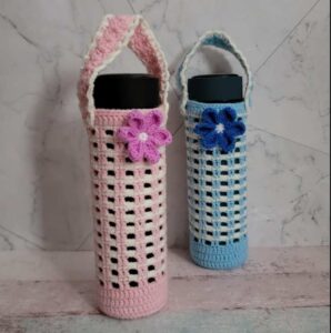 Free Crochet UNIQUE Water Bottle Holder Pattern with a Flower Charm