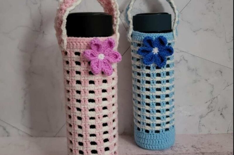 Free Crochet UNIQUE Water Bottle Holder Pattern with a Flower Charm