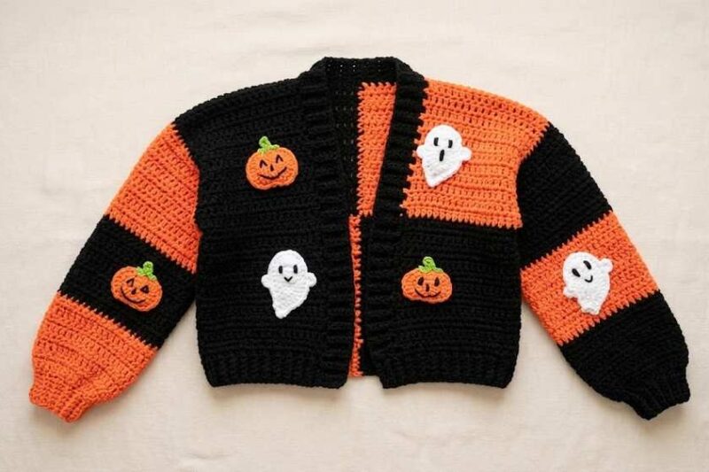 Crochet Ghost & Pumpkin Patchwork Halloween Cardigan