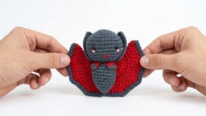 Video Tutorial to Crochet Grey Two-Pose Bat Amigurumi with Red Wings