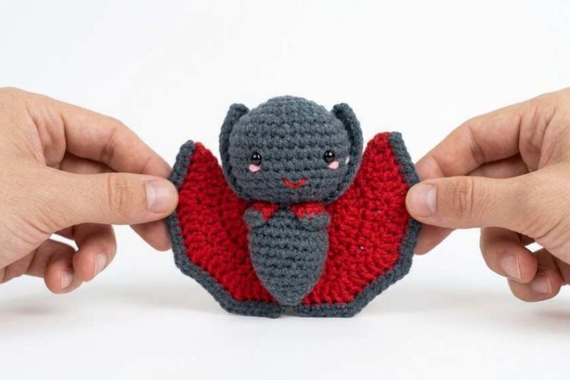 Video Tutorial to Crochet Grey Two-Pose Bat Amigurumi with Red Wings