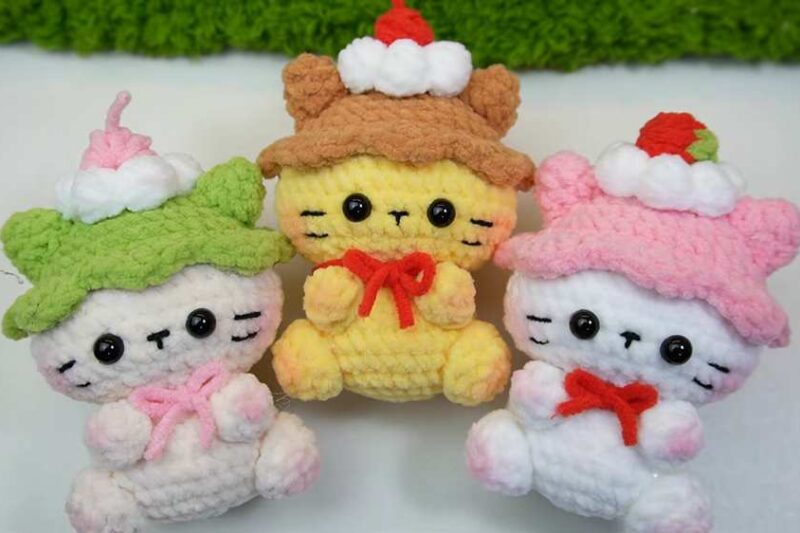 Featuring: Crochet Sweet Dessert Cosplay Sitting Cat Plushies for Gifting