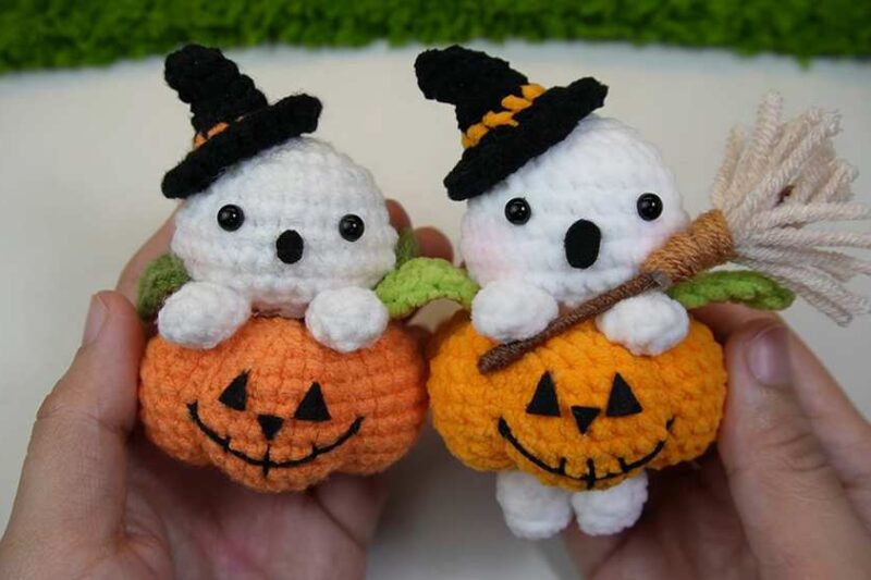 Featuring: Crochet Broom Holding Flying Witch Ghost in Pumpkin Plushie