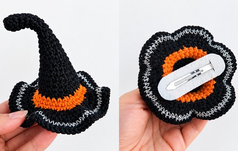 Video Tutorial to Crochet the Black and Orange Curly Top Witch Hat Hairclip